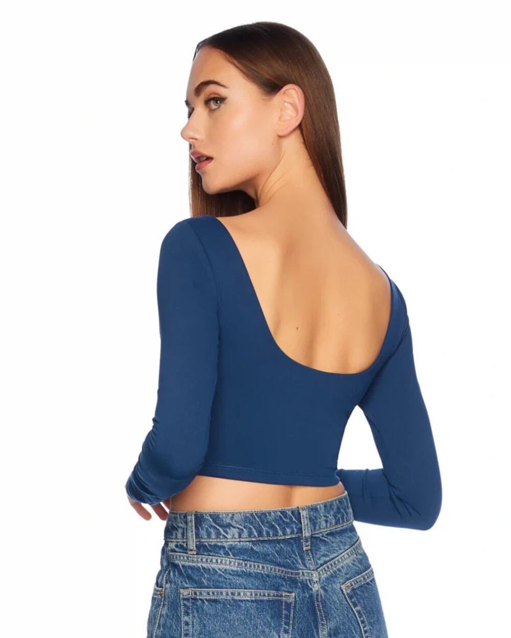 NWT Susana Monaco Sz S Stratus Blue Solid Long Sleeve Scoop Back Cropped Top